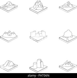 Mountains, rocks, lighthouse, volcano and other land reliefs. Mountains and landscapes set collection icons in outline style isometric vector symbol s Stock Vector