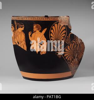 Two fragments of a terracotta skyphos (deep drinking cup). Culture: Greek, South Italian, Lucanian. Dimensions: H. 11 1/2 in. (29.2 cm)  diameter  16 in. (40.6 cm). Date: ca. 420-400 B.C..  The punishment of Marsyas  Incomplete though it is, this beautiful work illustrates the South Italian predilection for large vases and the ample surface they provide for decoration. The goddess Athena invented the double flutes but rejected them because her face was disfigured when she played them. The satyr Marsyas mastered the instrument and in time challenged the god Apollo to a contest. Marsyas lost and Stock Photo