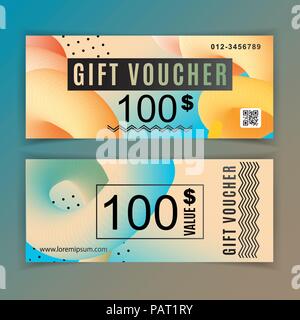 Vector gift voucher template. Universal flyer orange blue design elements. Gift voucher value 100 dollars for department stores, business. Abstract trianlge background. Stock Vector