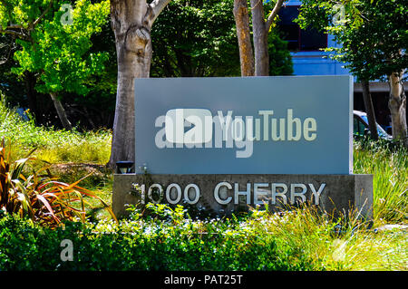San Bruno, CA/USA - Jul. 8, 2018: Company sign marks entrance to YouTube headquarters in San Bruno, CA. Stock Photo