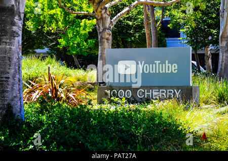 San Bruno, CA/USA - Jul. 8, 2018: Company sign marks entrance to YouTube headquarters in San Bruno, CA. Stock Photo