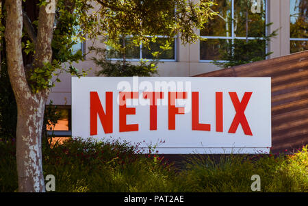 May 12, 2018: Company sign marks entrance to NETFLIX Co.'s main office in Los Gatos, CA. NETFLIX provides streaming media, video-online & DVD by mail.. Stock Photo