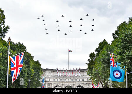 22 Eurofighter Typhoon FGR4 fighter plane RAF ensign centenary flypast over The Mall London flying in 100 figure formation Union Jack flag England UK
