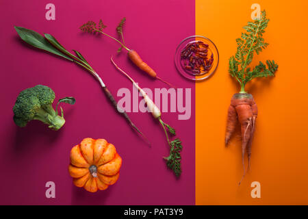 Creative flat lay composition of various vegetables on dual color background in magenta and yellow Stock Photo