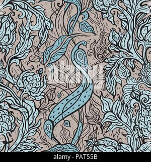 Seamless vector background with oriental pattern. Beautiful peacock. Exotic bird. Paisley flowers, hand drawn detailed illustration, Paradise Bird inm Stock Vector
