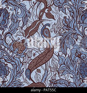 Paradise Bird in magic garden. Hand drawn seamless pattern. Stock Vector