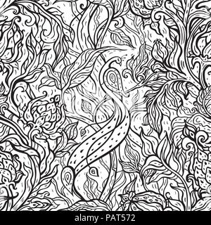 Paradise Bird in magic garden. Hand drawn seamless pattern. Stock Vector