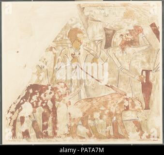 Syrians Bringing an Elephant and a Bear, Tomb of Rekhmire. Artist: Nina de Garis Davies (1881-1965). Dimensions: H. 45 cm (17 11/16 in.); W. 51 cm (20 1/16 in.)  Framed: H. 48.5 cm (19 1/8 in.); W. 54.1 cm (21 5/16 in.). Dynasty: Dynasty 18. Date: ca. 1504-1425 B.C..  This facsimile painting copies a detail from a scene of foreignors bringing offerings in the tomb of Rekhmire (TT 100) in western Thebes. This section of the scene depicts Syrians bringing a metal ingot and a chariot (31.6.34), horses (31.3.41), exotic animals (31.6.43), vessels and weapons (30.4.83). Museum: Metropolitan Museum  Stock Photo