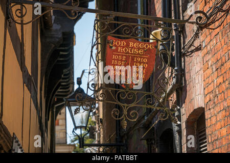 Sign for God Begot House in Winchester, Hampshire, England. One of the oldest buildings in the city steeped with history. Stock Photo