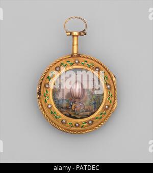 Watch. Culture: French, Paris. Dimensions: Diameter (case): 1 1/2 in. (3.8 cm); Diameter (back plate): 1 3/16 in. (3 cm). Maker: Watchmaker: Daniel Vauchez (French, born 1716, active 1767-90). Date: ca. 1783-90.  French enthusiasm for ballooning was sparked by the June 4, 1783, ascent of a hot air balloon created by Joseph and Étienne Montgolfier. Four months later, a Montgolfier balloon with a crew of a sheep, a duck, and a rooster was launched at Versailles in the presence of Louis XVI (1754-1793) and Marie Antoinette (1755-1793). The first human flight, which took place on November 21 that  Stock Photo