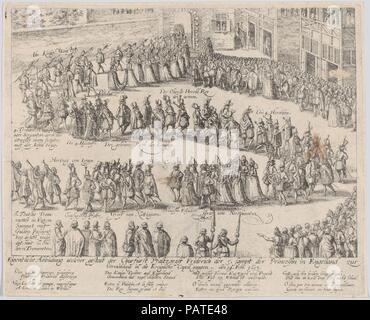 Marriage procession for the wedding of Elizabeth Stuart, daughter of James I, and Frederick V, Elector Palatine, 14 February, 1613. Artist: Possibly by Abraham Hogenberg (German, Cologne 1579/90-after 1656 Cologne). Dimensions: Sheet (Trimmed to plate): 8 9/16 × 10 9/16 in. (21.7 × 26.8 cm). Subject: Princess Elizabeth Stuart (later Queen of Bohemia) (Falkland, Scotland 1596-1662 London); Frederick V, King of Bohemia (1596-1632); Charles I, King of England, Scotland, Wales and Ireland (British, Dunfermline, Scotland 1600-1649 London). Date: 1613 or after.  Elizabeth Stuart (1596-1662) and Fred Stock Photo