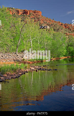 Trees and sandstone reflecting in Oak Creek, Sedona, Arizona, USA Stock Photo