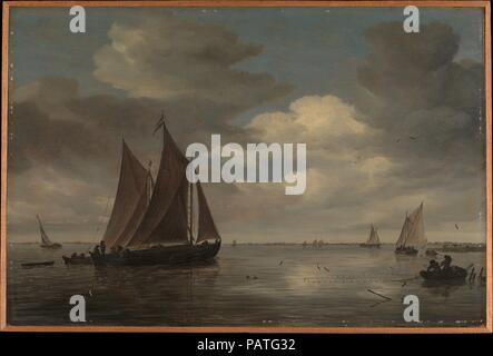 Fishing Boats on a River. Artist: Salomon van Ruysdael (Dutch, Naarden, born ca. 1600-1603, died 1670 Haarlem). Dimensions: Overall, with added strips, 14 3/4 x 21 7/8 in. (37.5 x 55.6 cm); painted surface 14 1/4 x 21 1/4 in. (36.2 x 54 cm). Date: early 1660s.  In his many river views Van Ruysdael paid close attention to types of boats and the buildings they sail by. Here, however, his main concerns seem optical: silhouettes, reflections, and a panoramic view over water shining like polished pewter. Museum: Metropolitan Museum of Art, New York, USA. Stock Photo
