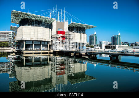 : View Of Lisbon Oceanarium that is located in the Parque das Nacoes and is the largest indoor aquarium in Europe. Stock Photo