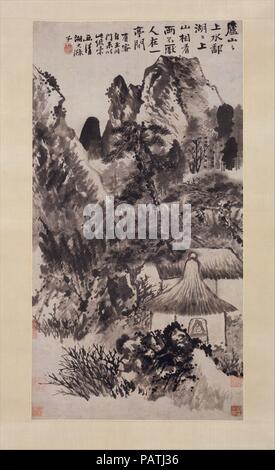 Hermitage in Mount Lu. Artist: Shitao (Zhu Ruoji) (Chinese, 1642-1707). Culture: China. Dimensions: Image: 37 5/16 x 19 11/16 in. (94.8 x 50 cm)  Overall with mounting: 76 1/4 x 26 in. (193.7 x 66 cm)  Overall with knobs: 76 1/4 x 29 1/2 in. (193.7 x 74.9 cm). Museum: Metropolitan Museum of Art, New York, USA. Stock Photo