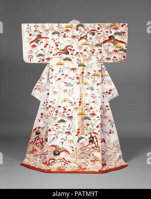 Outer Robe (Uchikake) with Mount Horai. Culture: Japan. Dimensions: Overall: 73 x 48 in. (185.4 x 121.9 cm). Date: second half of the 18th century-first half of the 19th century.  The ancient Chinese legend of Penglai, a spiritual mountain of eternal life located in the eastern seas, lives on in this late-Edo-period robe. In Japan, the fantasy island, Mount Horai, became stylized as a gathering of cranes and tortoises in a bright landscape, like this one, dominated by pine, plum, and bamboo. The theme of Mount Horai was common in bridal garments. Museum: Metropolitan Museum of Art, New York, U Stock Photo