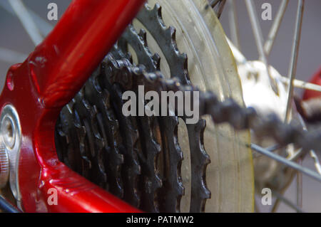 Bicycle derailleur in close-up view. Bike chain and gear details. Stock Photo