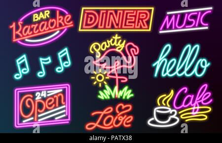 Set of fashion neon sign. Night bright signboard, Glowing light banner. Summer logo, emblem. Club or bar on dark background. Editable vector. Coffee Hello Love Open Karaoke Music Flamingo Party Dinner Stock Vector