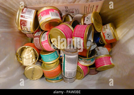 Empty cat food cans in a kitchen recycling bin. Stock Photo