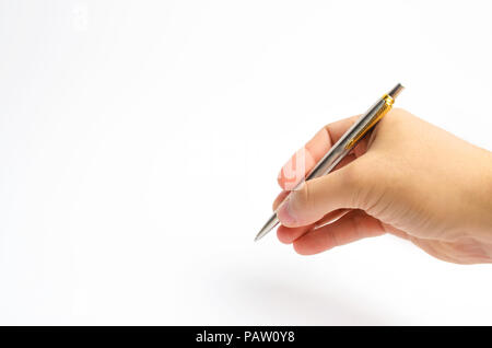 isolated pen on white background. place for text. copy space. the man's hand writes. filling out documents, keeping a diary. writing a book Stock Photo