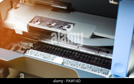 printer repair close up. digital photocopier machine. printing equipment, 3d scanner Stock Photo