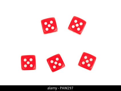 group of five red dices five isolated on white background Stock Photo