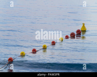 line of colorful plastic buoys delimit an area in the sea at sunset Stock Photo