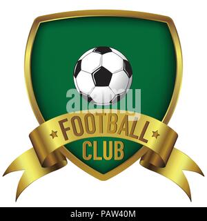 Football Club logo design in green background with gold frame and ribbon Stock Vector