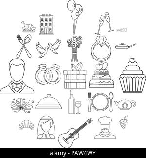 Wedding banquet icons set, outline style Stock Vector