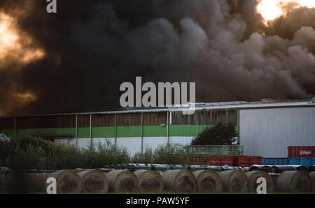 Rostock, Germany. 24th July, 2018. Thick clouds of smoke rise from a recycling yard during a fire. According to a police spokeswoman, initially, there were no casualties. Credit: Frank Hormann/dpa/Alamy Live News Stock Photo