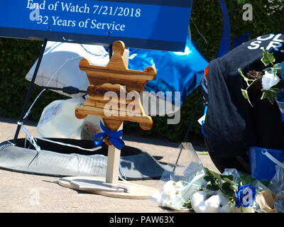 Dallas,USA,24 July 2018. Sr, CPL Earl 'Jamie' Givens, a 32-year veteran of the Dallas Police Department died in the line of duty whilst escorting a funeral procession as a member of the Motorcycle Unit. Officer Givens was struck by a SUV. The driver was arrested for allegedly being under the influence of alcohol. Funeral services will be this coming Thursday at Prestonwood Baptist Church, Plano. Credit: dallaspaparazzo/Alamy Live News Stock Photo