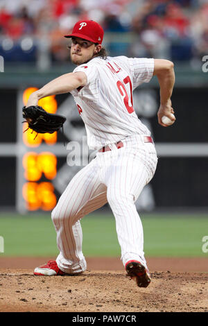 Philadelphia, Pennsylvania, USA. 24th July, 2018. Philadelphia Phillies starting pitcher Aaron Nola (27) throws a pitch during the MLB game between the Los Angeles Dodgers and Philadelphia Phillies at Citizens Bank Park in Philadelphia, Pennsylvania. Christopher Szagola/CSM/Alamy Live News Stock Photo