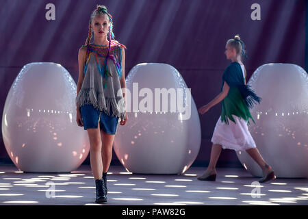 Helsinki, Finland. 24th July, 2018. Models present creations of Finnish designer Mai Niemi during the Helsinki Fashion Week 2018 in Helsinki, Finland, July 24, 2018. Credit: Sergei Stepanov/Xinhua/Alamy Live News Stock Photo