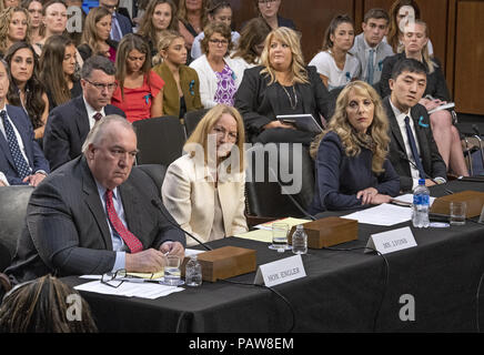 July 24, 2018 - Washington, District of Columbia, United States of America - From left to right: Former Governor John Engler (Republican of Michigan), Interim President, Michigan State University (MSU); Susanne Lyons, Acting Chief Executive Officer, United States Olympic Committee (USOC); Kerry Perry, President and Chief Executive Officer, USA Gymnastics; and Han Xiao, Chairman, Athletes' Advisory Council testify before the United States Senate Committee on Commerce, Science and Transportation Subcommittee on Consumer Protection, Product Safety, Insurance, and Data Security ''Regarding the Fu Stock Photo