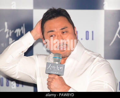 Ma Dong-seok, July 24, 2018 : South Korean actor Ma Dong-seok attends a press conference for his new film 'Along With the Gods: The Last 49 Days' in Seoul, South Korea. The movie is a sequel to 'Along With the Gods: The Two Worlds'. Credit: Lee Jae-Won/AFLO/Alamy Live News Stock Photo