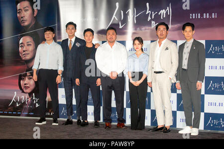 Kim Yong-hwa, Joo Ji-hoon, Kim Dong-wook, Ma Dong-seok, Kim Hyang-gi, Ha Jung-woo and Lee Jung-jae, July 24, 2018 : (L-R) South Korean film director Kim Yong-hwa poses with cast members Joo Ji-hoon, Kim Dong-wook, Ma Dong-seok, Kim Hyang-gi, Ha Jung-woo and Lee Jung-jae at a press conference for their new film 'Along With the Gods: The Last 49 Days' in Seoul, South Korea. The movie is a sequel to 'Along With the Gods: The Two Worlds'. Credit: Lee Jae-Won/AFLO/Alamy Live News Stock Photo