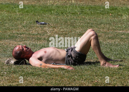 Hyde Park. London. UK 25 July 2018 - A man sunbathes in Hyde Park on a very hot and humid day in the capital. According to the Met Office the temperature in London and South East is likely to reach 35 degree celsius on Thursday.    Credit: Dinendra Haria/Alamy Live News Stock Photo
