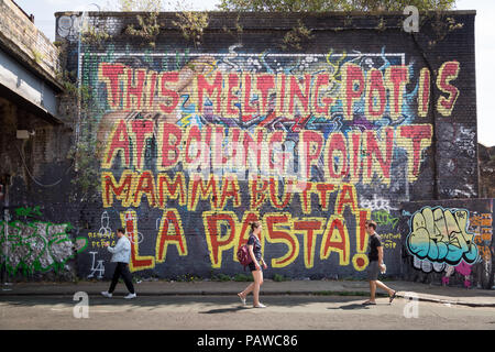 London, UK. 25th July, 2018. UK Weather: 'This Melting Pot is at Boiling Point' graffiti in Shoreditch. The summer heatwave continues with today's city temperatures expected to reach 31C. Credit: Guy Corbishley/Alamy Live News Stock Photo