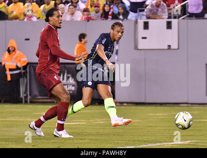 East Rutherford, New Jersey, USA. 25th July, 2018. Leroy Sane (19) of Manchester City shoots and scores during a International Champions Cup match at Metlife Stadium in East Rutherford, New Jersey. Gregory Vasil/Cal Sport Media/Alamy Live News Stock Photo