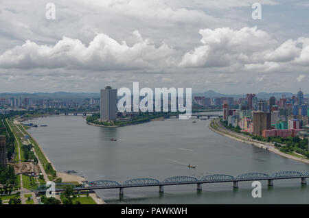 View of Pyongyang, Yanggak Island and Yanggakdo hotel along the Taedong River, taken from the top of the Juche Tower, Pyongyang, North Korea Stock Photo