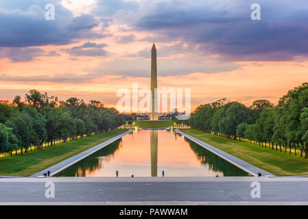 Washington Monument on the Reflecting Pool in Washington, D.C. at dawn. Stock Photo