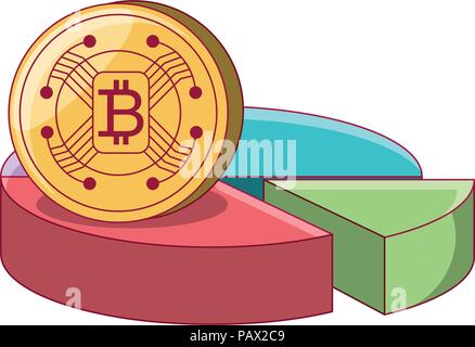 pie chart and bitcoin coin  icon over white background, vector illustration Stock Vector