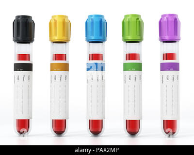 Blood vials with vibrant colored lids. 3D illustration. Stock Photo