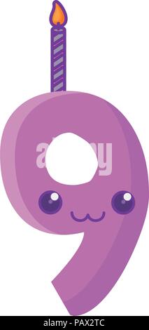 Kawaii number nine candle icon over white background, vector illustration Stock Vector