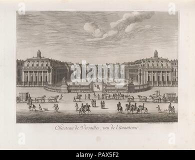 Château de Versailles seen from the forecourt, from Chalcographie du Louvre, Vol. 22. Artist: Israel Silvestre (French, Nancy 1621-1691 Paris). Dimensions: Plate: 14 15/16 x 19 13/16 in. (38 x 50.4 cm)  Sheet: 19 5/16 x 26 3/8 in. (49 x 67 cm). Date: 1682.  This engraving, showing the facade of the palace with its marble court and forecourt, dates to 1682, the year Louis XIV officially moved his court from Paris to Versailles. Museum: Metropolitan Museum of Art, New York, USA. Stock Photo