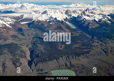 aerial view of mountains Fitz Roy, Cerro Torre, volcano Lautaro and the southern patagonian ice field, Patagonia, between Chile and Argentina Stock Photo