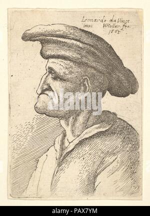 Bust of elderly man with nose that meets his lower  lip, wearing wide flat cap in profile to left. Artist: After Leonardo da Vinci (Italian, Vinci 1452-1519 Amboise). Dimensions: Sheet: 2 5/8 × 1 7/8 in. (6.7 × 4.8 cm)  Plate: 2 5/8 × 1 7/8 in. (6.6 × 4.7 cm). Etcher: Wenceslaus Hollar (Bohemian, Prague 1607-1677 London). Series/Portfolio: Divers Anticke Faces  Titleplate and eight plates. Date: 1665. Museum: Metropolitan Museum of Art, New York, USA. Stock Photo