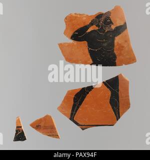 Fragments of a terracotta amphora (jar). Culture: Greek, Attic. Dimensions: H. (.a): 4 in. (10.2 cm)  H. (.c): 1 1/2 in. (3.8 cm)  H. (.d): 1 1/2 in. (3.8 cm). Date: ca. 550-525 B.C..  Boxer  The articulation of the athlete's body here suggests a seasoned veteran. His hands wrapped in thongs, the boxer is about to deal a blow to his opponent. Museum: Metropolitan Museum of Art, New York, USA. Stock Photo