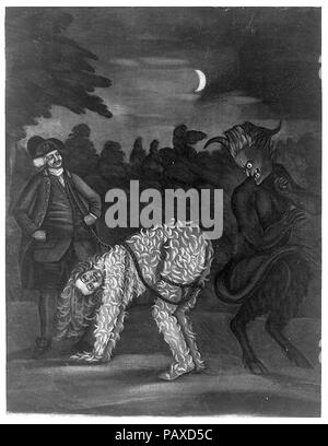 A tarred and feathered man standing on hands and feet with a rope attached to upper thighs and held by a man standing at left; the man on all fours looks back at a wild-eyed devil standing Stock Photo
