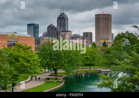 The Indiana Central Canal and view of the downtown skyline in Indianapolis, Indiana. Stock Photo